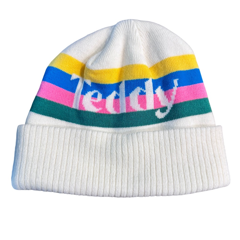 Teddy Fresh Rainbow Stripe Beanie Hat White Acrylic‎ like new